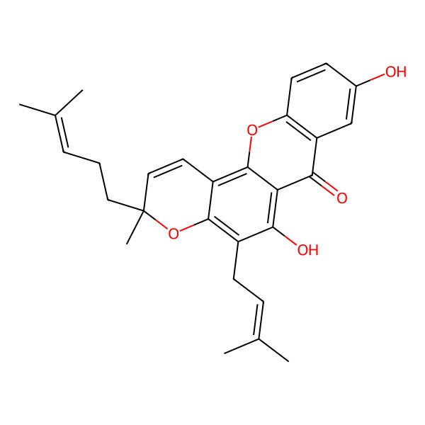 2D Structure of 6,9-Dihydroxy-3-methyl-5-(3-methylbut-2-enyl)-3-(4-methylpent-3-enyl)pyrano[2,3-c]xanthen-7-one