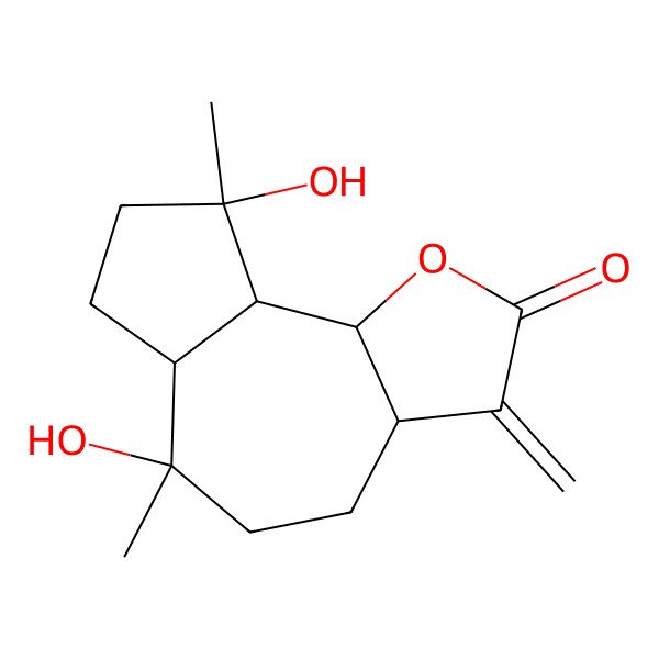 2D Structure of 6,9-Dihydroxy-6,9-dimethyl-3-methylidene-3a,4,5,6a,7,8,9a,9b-octahydroazuleno[4,5-b]furan-2-one