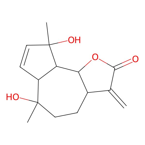 2D Structure of 6,9-Dihydroxy-6,9-dimethyl-3-methylidene-3a,4,5,6a,9a,9b-hexahydroazuleno[4,5-b]furan-2-one