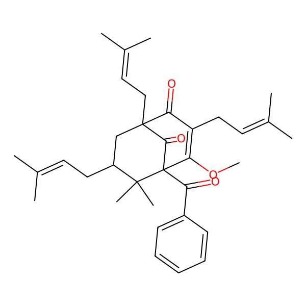2D Structure of (1S,5R,7R)-5-benzoyl-4-methoxy-6,6-dimethyl-1,3,7-tris(3-methylbut-2-enyl)bicyclo[3.3.1]non-3-ene-2,9-dione