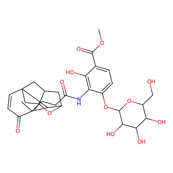 2D Structure of methyl 3-[3-[(5S)-5,9-dimethyl-4-oxo-8-oxatetracyclo[7.2.1.17,10.01,6]tridec-2-en-5-yl]propanoylamino]-2-hydroxy-4-[3,4,5-trihydroxy-6-(hydroxymethyl)oxan-2-yl]oxybenzoate