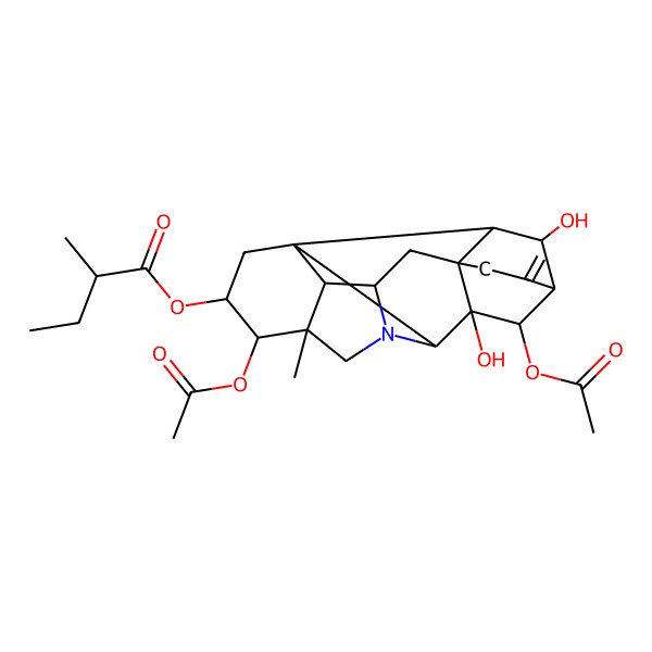2D Structure of [(1S,3R,4S,5S,8S,9R,11R,14R,16S,17S,18S,19S)-4,10-diacetyloxy-9,19-dihydroxy-5-methyl-12-methylidene-7-azaheptacyclo[9.6.2.01,8.05,17.07,16.09,14.014,18]nonadecan-3-yl] 2-methylbutanoate
