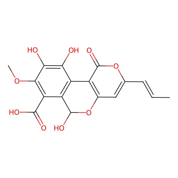 2D Structure of 6,9,10-trihydroxy-8-methoxy-1-oxo-3-prop-1-enyl-6H-pyrano[4,3-c]isochromene-7-carboxylic acid