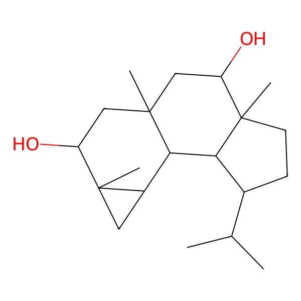 2D Structure of 6,9,12-Trimethyl-3-propan-2-yltetracyclo[7.5.0.02,6.012,14]tetradecane-7,11-diol
