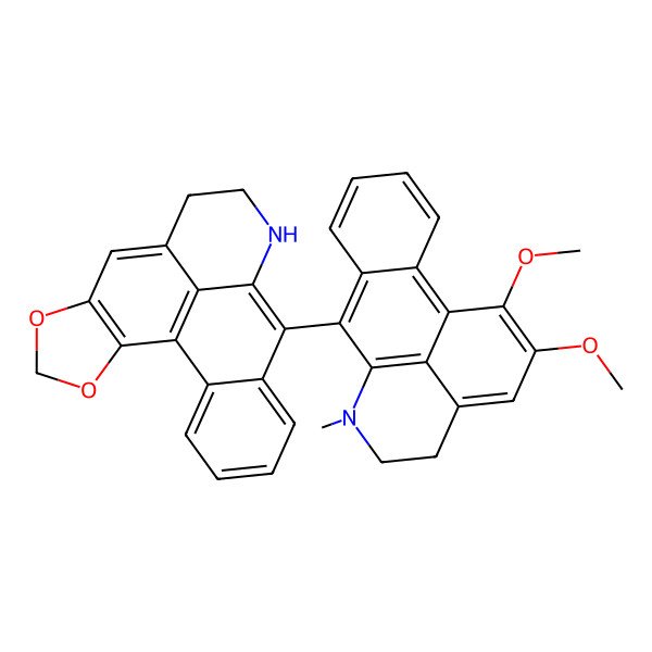 2D Structure of 13-(15,16-Dimethoxy-10-methyl-10-azatetracyclo[7.7.1.02,7.013,17]heptadeca-1(17),2,4,6,8,13,15-heptaen-8-yl)-3,5-dioxa-11-azapentacyclo[10.7.1.02,6.08,20.014,19]icosa-1(20),2(6),7,12,14,16,18-heptaene