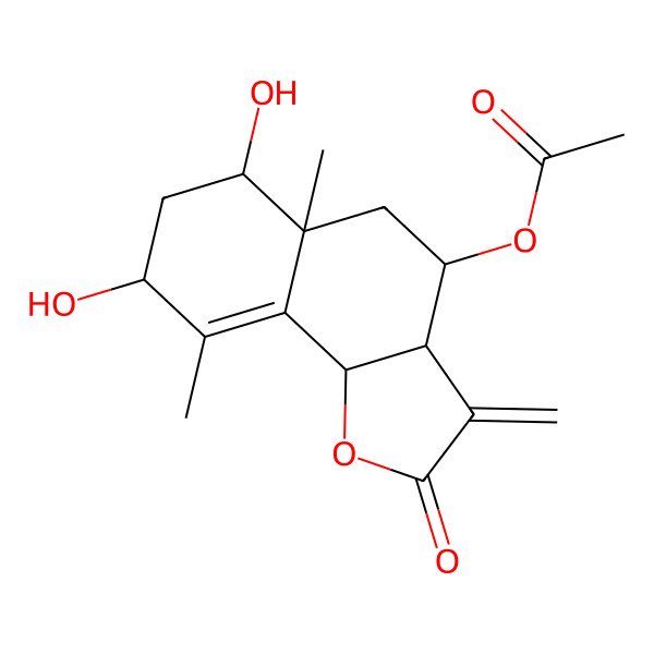 2D Structure of (6,8-dihydroxy-5a,9-dimethyl-3-methylidene-2-oxo-4,5,6,7,8,9b-hexahydro-3aH-benzo[g][1]benzofuran-4-yl) acetate