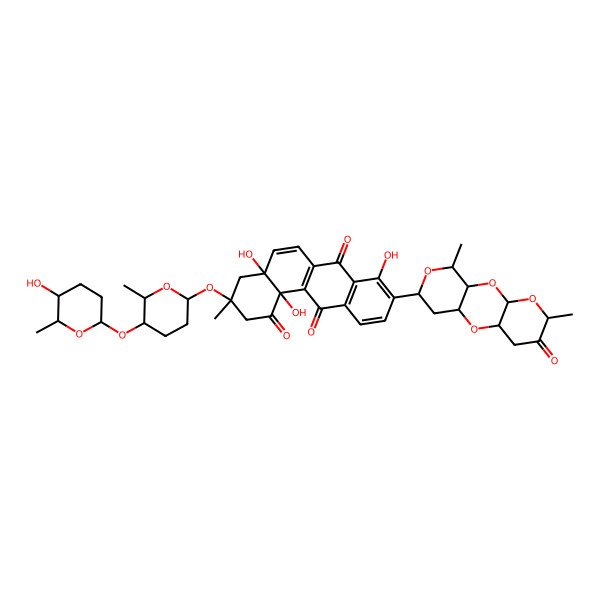 2D Structure of 9-(5,14-Dimethyl-6-oxo-2,4,9,13-tetraoxatricyclo[8.4.0.03,8]tetradecan-12-yl)-4a,8,12b-trihydroxy-3-[5-(5-hydroxy-6-methyloxan-2-yl)oxy-6-methyloxan-2-yl]oxy-3-methyl-2,4-dihydrobenzo[a]anthracene-1,7,12-trione