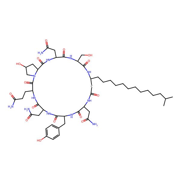 2D Structure of cyclo[DL-Asn-DL-Gln-DL-xiHyp-DL-Asn-DL-Ser-bAla(3-isotetradecyl)-DL-Asn-DL-Tyr]