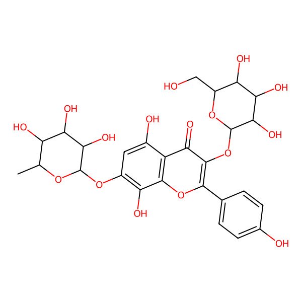 2D Structure of 5,8-Dihydroxy-2-(4-hydroxyphenyl)-3-(((2S,3R,4S,5S,6R)-3,4,5-trihydroxy-6-(hydroxymethyl)tetrahydro-2H-pyran-2-yl)oxy)-7-(((2S,3R,4R,5R,6S)-3,4,5-trihydroxy-6-methyltetrahydro-2H-pyran-2-yl)oxy)-4H-chromen-4-one