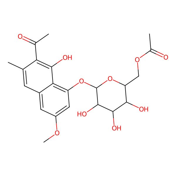 2D Structure of [(2R,3S,4S,5R,6S)-6-(7-acetyl-8-hydroxy-3-methoxy-6-methylnaphthalen-1-yl)oxy-3,4,5-trihydroxyoxan-2-yl]methyl acetate
