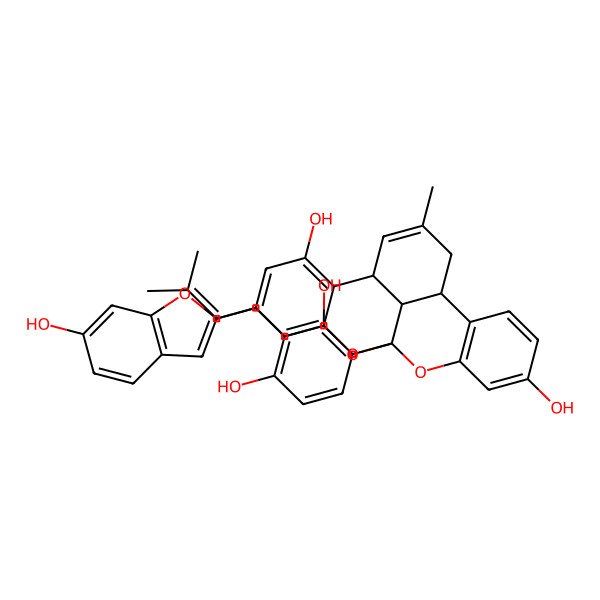 2D Structure of (1R,9S,13S,21R)-1-[2,4-dihydroxy-3-(3-methylbut-2-enyl)phenyl]-17-(6-hydroxy-1-benzofuran-2-yl)-11-methyl-2,20-dioxapentacyclo[11.7.1.03,8.09,21.014,19]henicosa-3(8),4,6,11,14,16,18-heptaene-5,15-diol