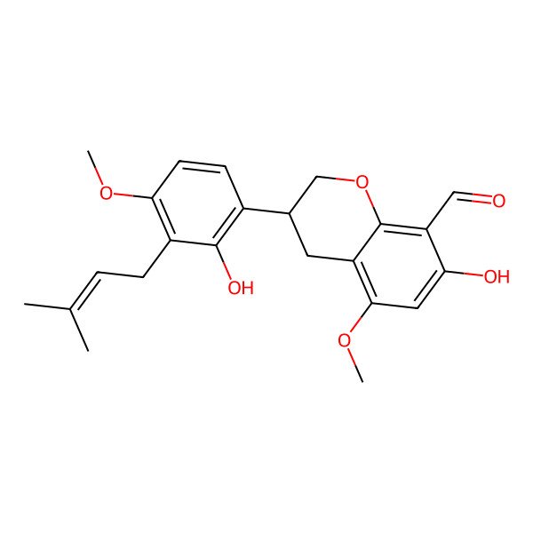 2D Structure of (3R)-3,4-Dihydro-7-hydroxy-3-[2-hydroxy-4-methoxy-3-(3-methyl-2-buten-1-yl)phenyl]-5-methoxy-2H-1-benzopyran-8-carboxaldehyde
