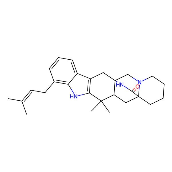 2D Structure of 12,12-Dimethyl-8-(3-methylbut-2-enyl)-10,20,22-triazahexacyclo[13.6.2.01,13.03,11.04,9.015,20]tricosa-3(11),4,6,8-tetraen-23-one