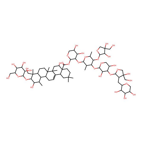 2D Structure of [(2R,3R,4S,5R)-3-[(2R,3S,4R,5R,6R)-4-[(2S,3R,4S,5R)-3,5-dihydroxy-4-[(2S,3R,4R)-4-hydroxy-4-(hydroxymethyl)-3-[[(2S,3R,4S,5R)-3,4,5-trihydroxyoxan-2-yl]methyl]oxolan-2-yl]oxyoxan-2-yl]oxy-5-[(3R,4R)-3,4-dihydroxy-4-(hydroxymethyl)oxolan-2-yl]oxy-3,6-dimethyloxan-2-yl]oxy-4,5-dihydroxyoxan-2-yl] (4aR,5R,6aS,6bR,9R,10R,11S,12S)-5,11-dihydroxy-9-(hydroxymethyl)-2,2,6a,6b,9,12-hexamethyl-10-[(3R,4S,5S,6R)-3,4,5-trihydroxy-6-(hydroxymethyl)oxan-2-yl]oxy-3,4,5,6,6a,7,8,8a,10,11,12,12a,13,14b-tetradecahydro-1H-picene-4a-carboxylate