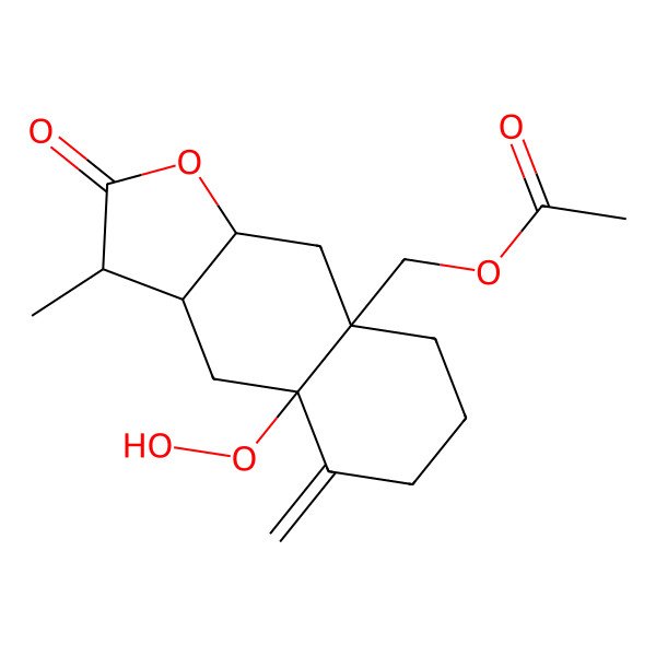 2D Structure of (4a-Hydroperoxy-3-methyl-5-methylidene-2-oxo-3,3a,4,6,7,8,9,9a-octahydrobenzo[f][1]benzofuran-8a-yl)methyl acetate