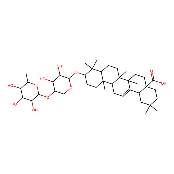 2D Structure of (4aS,6aR,6aS,6bR,8aR,10S,12aR,14bR)-10-[(2S,3R,4R,5R)-3,4-dihydroxy-5-[(2R,3R,4R,5R,6S)-3,4,5-trihydroxy-6-methyloxan-2-yl]oxyoxan-2-yl]oxy-2,2,6a,6b,9,9,12a-heptamethyl-1,3,4,5,6,6a,7,8,8a,10,11,12,13,14b-tetradecahydropicene-4a-carboxylic acid
