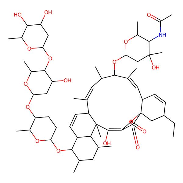 2D Structure of N-[6-[[17-[5-[5-(4,5-dihydroxy-6-methyloxan-2-yl)oxy-4-hydroxy-6-methyloxan-2-yl]oxy-6-methyloxan-2-yl]oxy-3-ethyl-23-hydroxy-8,10,12,18,20,22-hexamethyl-25,27-dioxo-26-oxapentacyclo[22.2.1.01,6.013,22.016,21]heptacosa-4,7,11,14,23-pentaen-9-yl]oxy]-4-hydroxy-2,4-dimethyloxan-3-yl]acetamide