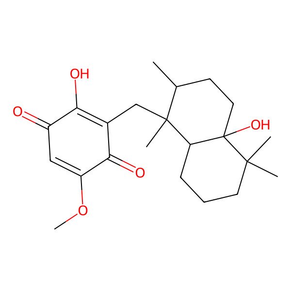 2D Structure of 3-[(4a-hydroxy-1,2,5,5-tetramethyl-3,4,6,7,8,8a-hexahydro-2H-naphthalen-1-yl)methyl]-2-hydroxy-5-methoxycyclohexa-2,5-diene-1,4-dione