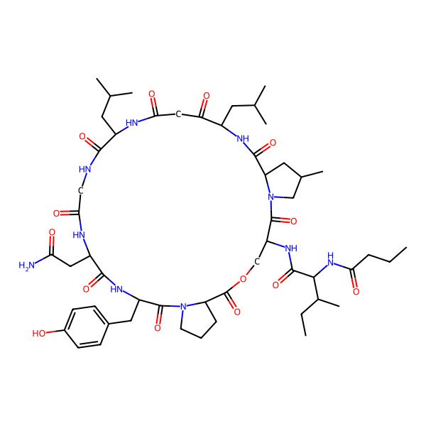 2D Structure of N-[16-(2-amino-2-oxoethyl)-13-[(4-hydroxyphenyl)methyl]-32-methyl-22,27-bis(2-methylpropyl)-2,6,12,15,18,21,24,26,29-nonaoxo-5-oxa-1,11,14,17,20,23,28-heptazatricyclo[28.3.0.07,11]tritriacontan-3-yl]-2-(butanoylamino)-3-methylpentanamide