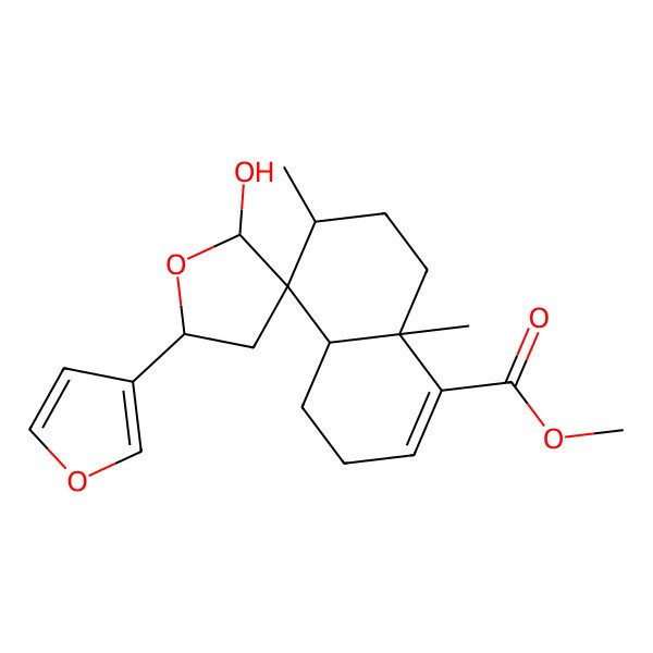 2D Structure of methyl (2'R,4aS,5R,5'R,6R,8aR)-5'-(furan-3-yl)-2'-hydroxy-6,8a-dimethylspiro[3,4,4a,6,7,8-hexahydronaphthalene-5,3'-oxolane]-1-carboxylate