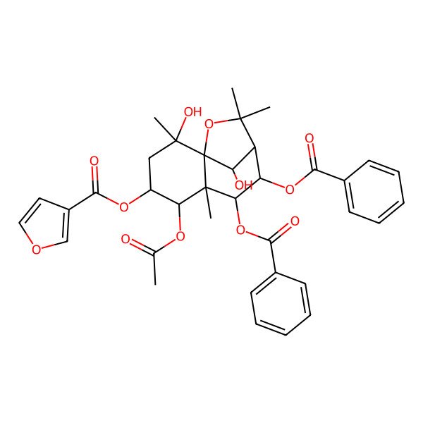 2D Structure of [(1S,2S,4S,5R,6S,7R,8R,9S,12R)-5-acetyloxy-7,8-dibenzoyloxy-2,12-dihydroxy-2,6,10,10-tetramethyl-11-oxatricyclo[7.2.1.01,6]dodecan-4-yl] furan-3-carboxylate