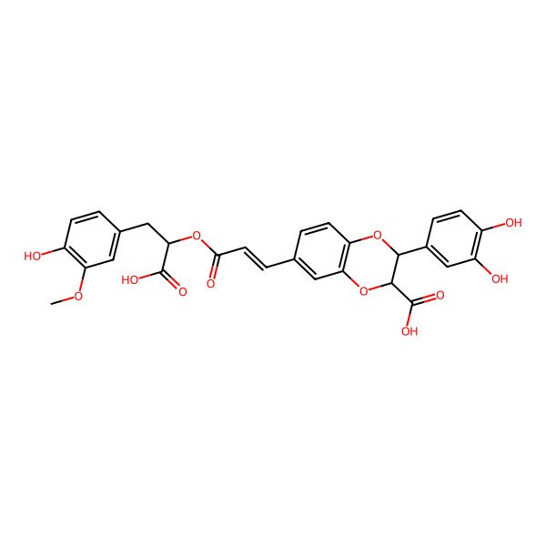 2D Structure of 6-[3-[1-Carboxy-2-(4-hydroxy-3-methoxyphenyl)ethoxy]-3-oxoprop-1-enyl]-2-(3,4-dihydroxyphenyl)-2,3-dihydro-1,4-benzodioxine-3-carboxylic acid