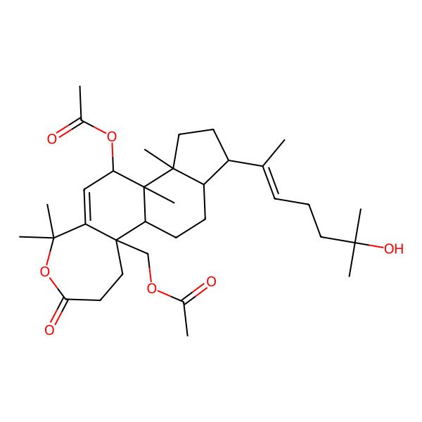 2D Structure of [(1R,3aR,3bR,4R,10aS,10bR,12aR)-4-acetyloxy-1-[(Z)-6-hydroxy-6-methylhept-2-en-2-yl]-3a,3b,6,6-tetramethyl-8-oxo-1,2,3,4,9,10,10b,11,12,12a-decahydroindeno[5,4-g][2]benzoxepin-10a-yl]methyl acetate