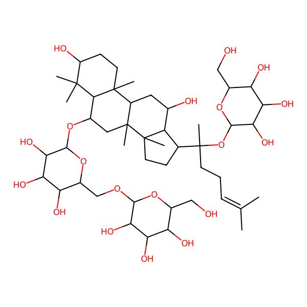 2D Structure of (2R,3R,4S,5S,6R)-2-[[(2R,3S,4S,5R,6R)-6-[[(3S,5R,6S,8R,9R,10R,12R,13R,14R,17S)-3,12-dihydroxy-4,4,8,10,14-pentamethyl-17-[(2S)-6-methyl-2-[(2S,3R,4S,5S,6R)-3,4,5-trihydroxy-6-(hydroxymethyl)oxan-2-yl]oxyhept-5-en-2-yl]-2,3,5,6,7,9,11,12,13,15,16,17-dodecahydro-1H-cyclopenta[a]phenanthren-6-yl]oxy]-3,4,5-trihydroxyoxan-2-yl]methoxy]-6-(hydroxymethyl)oxane-3,4,5-triol
