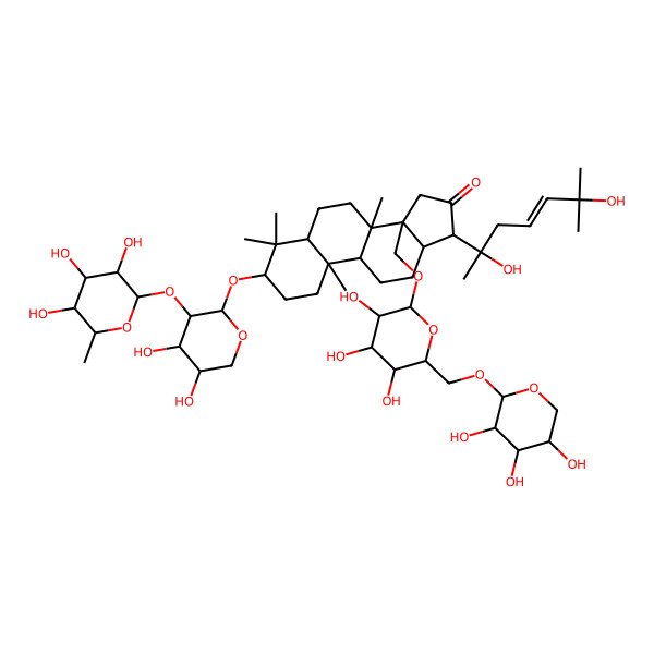 2D Structure of 17-(2,6-Dihydroxy-6-methylhept-4-en-2-yl)-3-[4,5-dihydroxy-3-(3,4,5-trihydroxy-6-methyloxan-2-yl)oxyoxan-2-yl]oxy-4,4,8,10-tetramethyl-14-[[3,4,5-trihydroxy-6-[(3,4,5-trihydroxyoxan-2-yl)oxymethyl]oxan-2-yl]oxymethyl]-1,2,3,5,6,7,9,11,12,13,15,17-dodecahydrocyclopenta[a]phenanthren-16-one