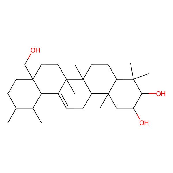 2D Structure of (2S,3R,4aR,6aR,6bS,8aS,11S,12R,12aR,14aS,14bR)-8a-(hydroxymethyl)-4,4,6a,6b,11,12,14b-heptamethyl-2,3,4a,5,6,7,8,9,10,11,12,12a,14,14a-tetradecahydro-1H-picene-2,3-diol