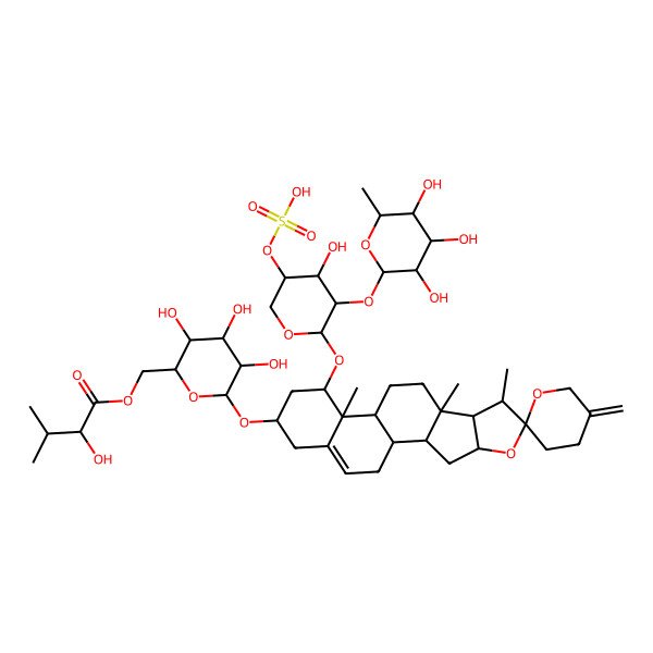2D Structure of [(2R,3S,4S,5R,6R)-3,4,5-trihydroxy-6-[(1S,2S,4S,6R,7S,8R,9S,12S,13R,14R,16R)-14-[(2S,3R,4R,5S)-4-hydroxy-5-sulfooxy-3-[(2S,3R,4R,5R,6S)-3,4,5-trihydroxy-6-methyloxan-2-yl]oxyoxan-2-yl]oxy-7,9,13-trimethyl-5'-methylidenespiro[5-oxapentacyclo[10.8.0.02,9.04,8.013,18]icos-18-ene-6,2'-oxane]-16-yl]oxyoxan-2-yl]methyl (2R)-2-hydroxy-3-methylbutanoate
