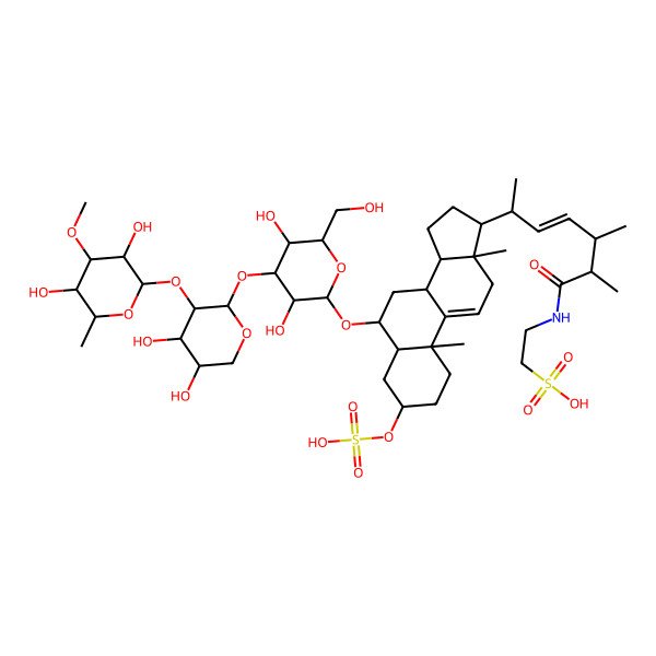 2D Structure of 2-[[(E,2R,3R,6R)-6-[(3S,6S,8S,10S,13R,14S,17R)-6-[(2R,3R,4S,5R,6R)-4-[(2S,3R,4S,5R)-3-[(2S,3R,4S,5R,6R)-3,5-dihydroxy-4-methoxy-6-methyloxan-2-yl]oxy-4,5-dihydroxyoxan-2-yl]oxy-3,5-dihydroxy-6-(hydroxymethyl)oxan-2-yl]oxy-10,13-dimethyl-3-sulfooxy-2,3,4,5,6,7,8,12,14,15,16,17-dodecahydro-1H-cyclopenta[a]phenanthren-17-yl]-2,3-dimethylhept-4-enoyl]amino]ethanesulfonic acid