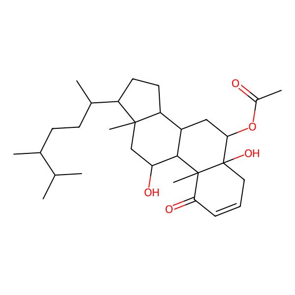 2D Structure of [(5R,6R,8S,9S,10R,11R,13R,14S,17R)-17-[(2R,5S)-5,6-dimethylheptan-2-yl]-5,11-dihydroxy-10,13-dimethyl-1-oxo-6,7,8,9,11,12,14,15,16,17-decahydro-4H-cyclopenta[a]phenanthren-6-yl] acetate