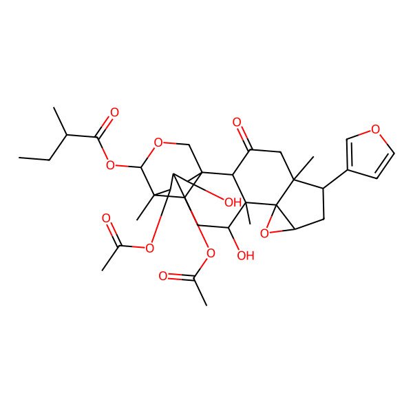 2D Structure of [(1S,2R,5S,6S,8R,10R,11S,12R,14R,15S,19R,20R,21S)-20,21-diacetyloxy-6-(furan-3-yl)-12,19-dihydroxy-5,11,15-trimethyl-3-oxo-9,17-dioxahexacyclo[13.3.3.01,14.02,11.05,10.08,10]henicosan-16-yl] 2-methylbutanoate