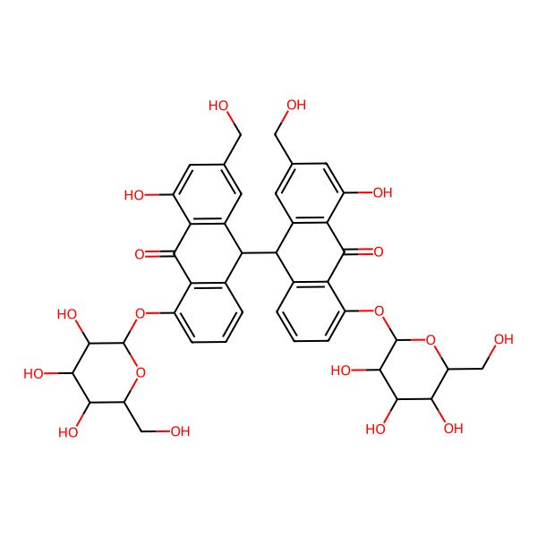 2D Structure of (10S)-1-hydroxy-10-[(9S)-4-hydroxy-2-(hydroxymethyl)-10-oxo-5-[(2S,3R,4S,5S,6R)-3,4,5-trihydroxy-6-(hydroxymethyl)oxan-2-yl]oxy-9H-anthracen-9-yl]-3-(hydroxymethyl)-8-[(2S,3R,4S,5S,6R)-3,4,5-trihydroxy-6-(hydroxymethyl)oxan-2-yl]oxy-10H-anthracen-9-one