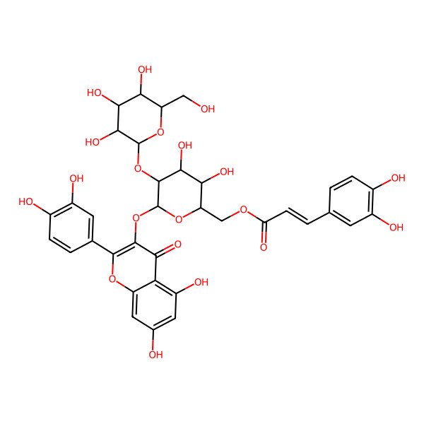 2D Structure of [(2R,3S,4S,5R,6S)-6-[2-(3,4-dihydroxyphenyl)-5,7-dihydroxy-4-oxochromen-3-yl]oxy-3,4-dihydroxy-5-[(2S,3R,4S,5S,6R)-3,4,5-trihydroxy-6-(hydroxymethyl)oxan-2-yl]oxyoxan-2-yl]methyl (E)-3-(3,4-dihydroxyphenyl)prop-2-enoate