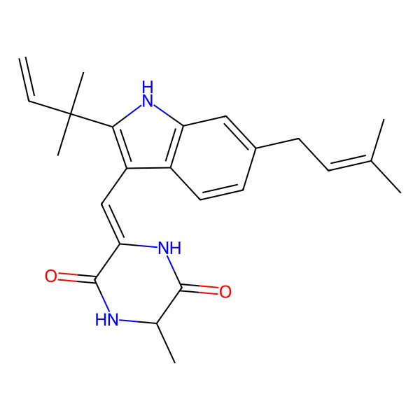 2D Structure of 3-methyl-6-[[2-(2-methylbut-3-en-2-yl)-6-(3-methylbut-2-enyl)-1H-indol-3-yl]methylidene]piperazine-2,5-dione
