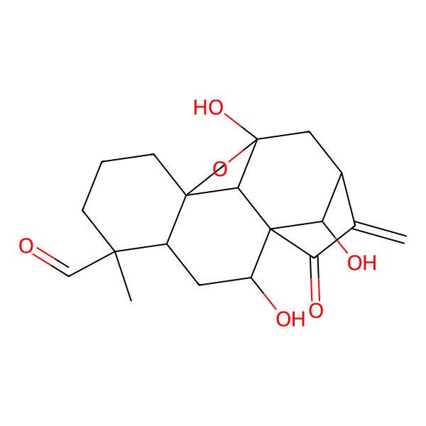 2D Structure of (1S,4R,6S,9R,10R,12S,13S,17S,18R)-4,10,18-trihydroxy-13-methyl-7-methylidene-8-oxo-3-oxapentacyclo[7.7.1.16,9.01,12.04,17]octadecane-13-carbaldehyde