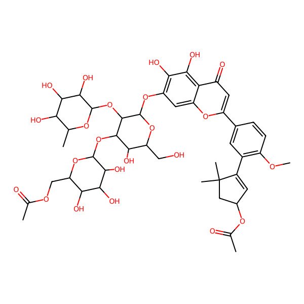 2D Structure of [(2R,3S,4S,5R,6S)-6-[(2S,3R,4S,5R,6R)-2-[2-[3-[(3R)-3-acetyloxy-5,5-dimethylcyclopenten-1-yl]-4-methoxyphenyl]-5,6-dihydroxy-4-oxochromen-7-yl]oxy-5-hydroxy-6-(hydroxymethyl)-3-[(2S,3R,4R,5R,6S)-3,4,5-trihydroxy-6-methyloxan-2-yl]oxyoxan-4-yl]oxy-3,4,5-trihydroxyoxan-2-yl]methyl acetate