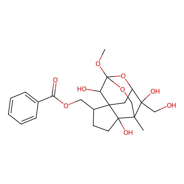 2D Structure of [(1S,2R,5R,6S,8R,10S,13S,14R)-2,13,14-trihydroxy-13-(hydroxymethyl)-10-methoxy-1-methyl-9,11-dioxatetracyclo[6.4.1.16,10.02,6]tetradecan-5-yl]methyl benzoate