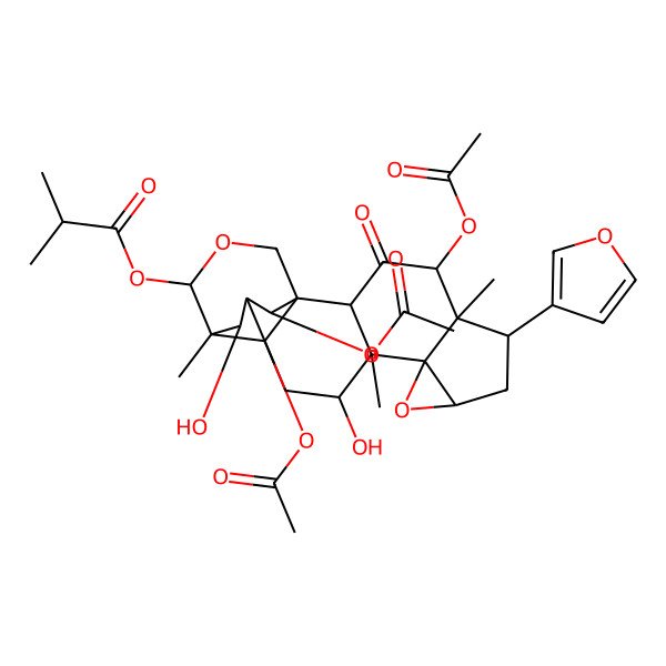 2D Structure of [4,19,20-Triacetyloxy-6-(furan-3-yl)-12,21-dihydroxy-5,11,15-trimethyl-3-oxo-9,17-dioxahexacyclo[13.3.3.01,14.02,11.05,10.08,10]henicosan-16-yl] 2-methylpropanoate