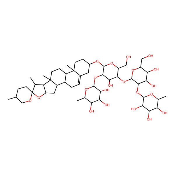 2D Structure of (2S,3R,4R,5R,6S)-2-[(2S,3R,4S,5S,6R)-4,5-dihydroxy-2-[(2R,3S,4S,5R,6R)-4-hydroxy-2-(hydroxymethyl)-6-[(1S,2S,4S,5'S,6R,7S,8R,9S,12S,13R,16S)-5',7,9,13-tetramethylspiro[5-oxapentacyclo[10.8.0.02,9.04,8.013,18]icos-18-ene-6,2'-oxane]-16-yl]oxy-5-[(2S,3R,4R,5R,6S)-3,4,5-trihydroxy-6-methyloxan-2-yl]oxyoxan-3-yl]oxy-6-(hydroxymethyl)oxan-3-yl]oxy-6-methyloxane-3,4,5-triol