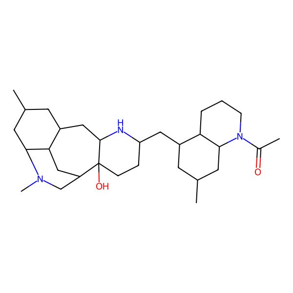 2D Structure of 1-[(4aR,5R,7S,8aS)-5-[[(1R,2S,5R,7S,9S,11R,13S,17R)-2-hydroxy-11,14-dimethyl-6,14-diazatetracyclo[7.6.2.02,7.013,17]heptadecan-5-yl]methyl]-7-methyl-3,4,4a,5,6,7,8,8a-octahydro-2H-quinolin-1-yl]ethanone