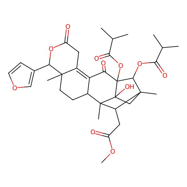 2D Structure of [(1S,2R,5S,6S,13S,14R,17R,18S)-6-(furan-3-yl)-17-hydroxy-18-(2-methoxy-2-oxoethyl)-1,5,15-trimethyl-13-(2-methylpropanoyloxy)-8,12-dioxo-7-oxapentacyclo[13.2.1.02,11.05,10.013,17]octadec-10-en-14-yl] 2-methylpropanoate