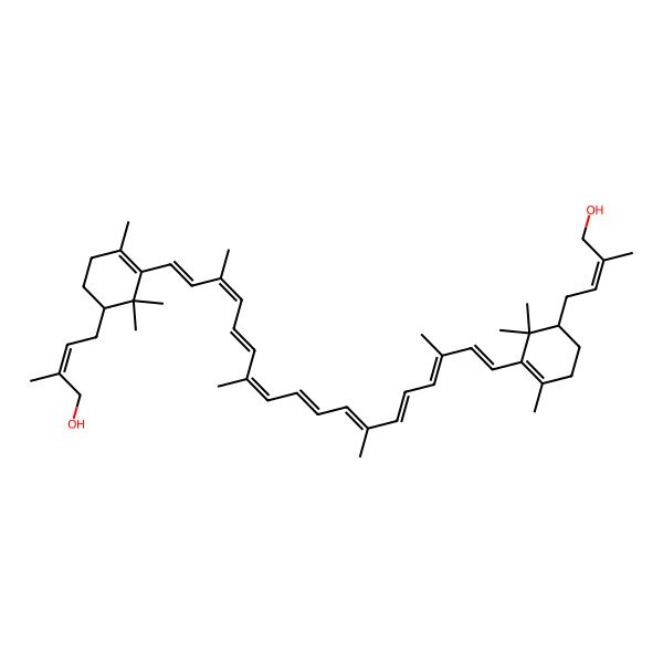 2D Structure of (E)-4-[(1R)-3-[(1E,3E,5E,7E,9E,11E,13E,15E,17E)-18-[(5R)-5-[(E)-4-hydroxy-3-methylbut-2-enyl]-2,6,6-trimethylcyclohexen-1-yl]-3,7,12,16-tetramethyloctadeca-1,3,5,7,9,11,13,15,17-nonaenyl]-2,2,4-trimethylcyclohex-3-en-1-yl]-2-methylbut-2-en-1-ol