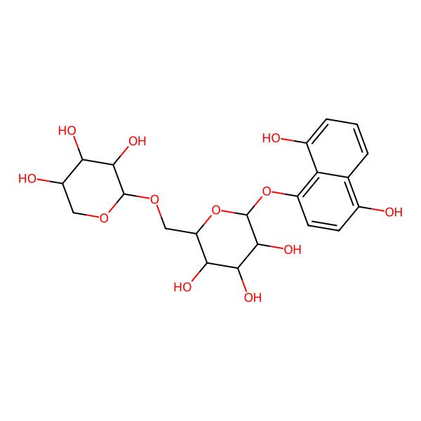 2D Structure of (2S,3R,4S,5S,6R)-2-(4,8-dihydroxynaphthalen-1-yl)oxy-6-[[(2S,3R,4S,5R)-3,4,5-trihydroxyoxan-2-yl]oxymethyl]oxane-3,4,5-triol