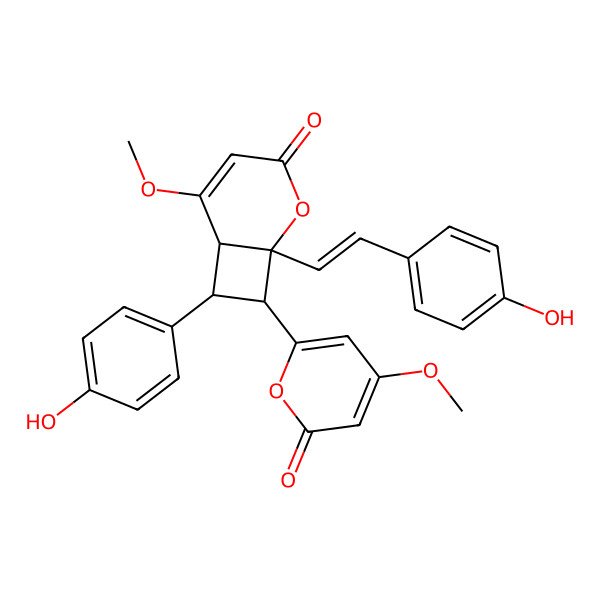 2D Structure of 7-(4-Hydroxyphenyl)-1-[2-(4-hydroxyphenyl)ethenyl]-5-methoxy-8-(4-methoxy-6-oxopyran-2-yl)-2-oxabicyclo[4.2.0]oct-4-en-3-one