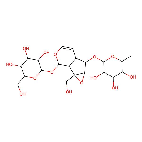 2D Structure of (3R,4R,5R,6S)-2-[[(1S,2S,4S,5S,6R,10S)-2-(hydroxymethyl)-10-[(3R,4S,5S,6R)-3,4,5-trihydroxy-6-(hydroxymethyl)oxan-2-yl]oxy-3,9-dioxatricyclo[4.4.0.02,4]dec-7-en-5-yl]oxy]-6-methyloxane-3,4,5-triol