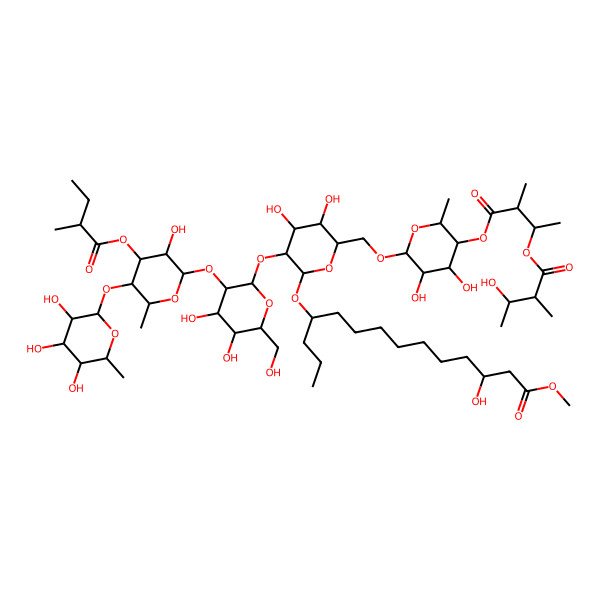 2D Structure of methyl (3S,11S)-11-[(2R,3R,4S,5S,6R)-6-[[(2R,3R,4S,5R,6S)-3,4-dihydroxy-5-[(2R,3R)-3-[(2R,3R)-3-hydroxy-2-methylbutanoyl]oxy-2-methylbutanoyl]oxy-6-methyloxan-2-yl]oxymethyl]-3-[(2S,3R,4S,5S,6R)-4,5-dihydroxy-6-(hydroxymethyl)-3-[(2S,3R,4S,5S,6S)-3-hydroxy-6-methyl-4-[(2S)-2-methylbutanoyl]oxy-5-[(2S,3R,4S,5S,6R)-3,4,5-trihydroxy-6-methyloxan-2-yl]oxyoxan-2-yl]oxyoxan-2-yl]oxy-4,5-dihydroxyoxan-2-yl]oxy-3-hydroxytetradecanoate