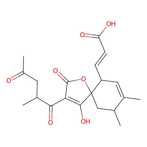 2D Structure of 3-[4-Hydroxy-8,9-dimethyl-3-(2-methyl-4-oxopentanoyl)-2-oxo-1-oxaspiro[4.5]deca-3,7-dien-6-yl]prop-2-enoic acid